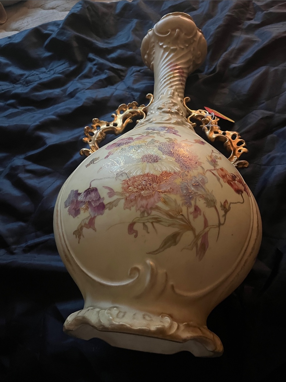 Cream Porcelain Floral Accent Vase with Gold Handles 20 1/2 inch
